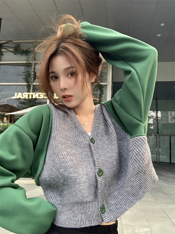 【Y.JIA Ijia】Korean style stitching sweater contrast color loose short cardigan sweater 663-2