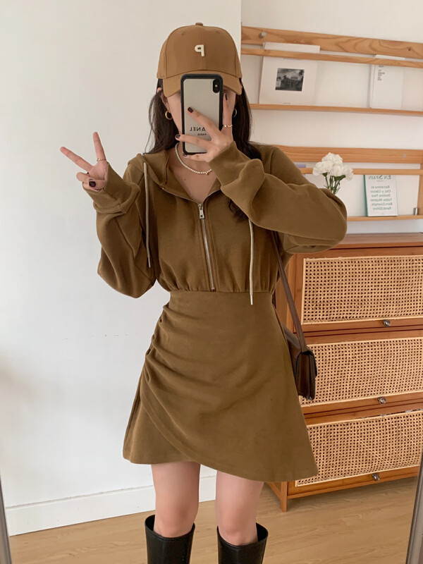 [VICTORY.2] Hooded double-sided fleece irregular skirt sweater dress v72# WPL