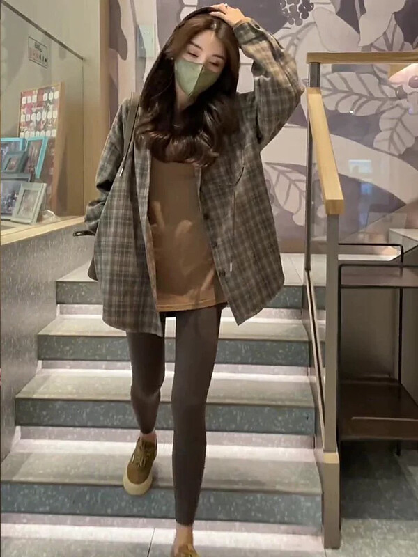 【L.L STUDIO】 Loose hooded woolen plaid coat 78262# PCZ