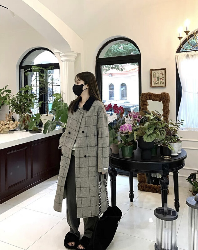 [Y.JIA Yijia] Korean version of the plaid atmosphere color matching suit collar wool coat 55079