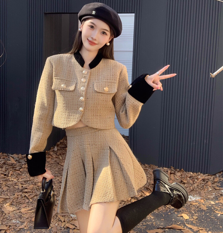 【L.L STUDIO】College Xiaoxiang Style Tweed Short Jacket + Pleated Skirt Set 78471# PCZ