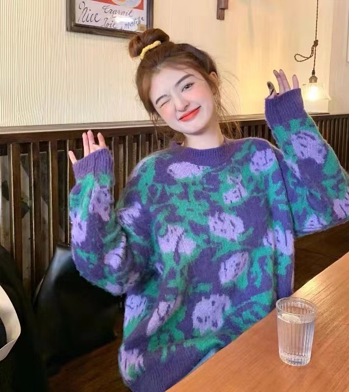 [Y.JIA Ijia] Japanese lazy style retro round neck tie-dye flower sweater YS1-882