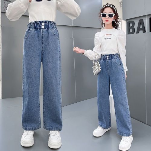 Girls' wide-leg pants spring and autumn style Western-style girls straight jeans outer wear loose middle-aged children's spring children's pants