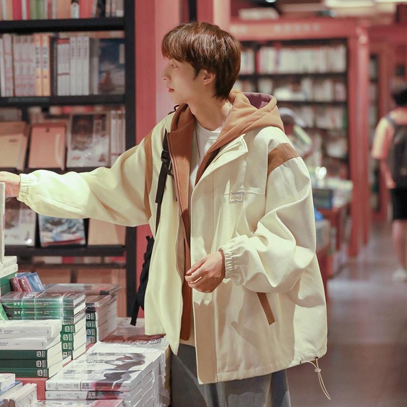 Fake two-piece hooded jacket men's autumn and winter Japanese tide brand oversize casual jacket loose stitching top women's