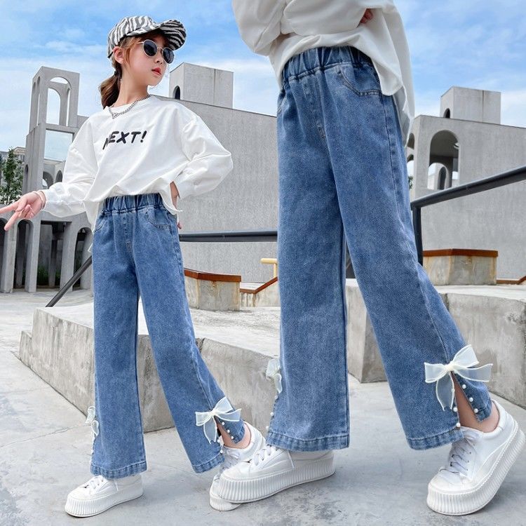 Girls' jeans spring and autumn new children's clothing baby girls middle-aged children's wide-leg pants straight loose autumn girls' pants