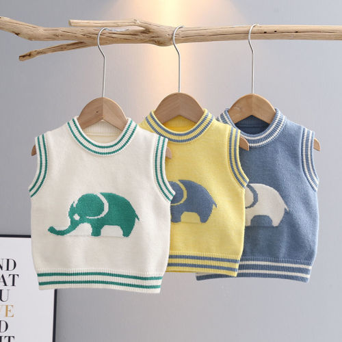 Baby vest sweater children's knitted sweater boy cute cartoon vest autumn striped neckline
