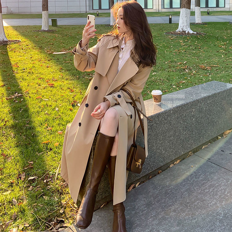 Windbreaker coat women's spring and autumn 2022 new Korean version medium and long British style loose over the knee temperament popular coat [shipped within 5 days]