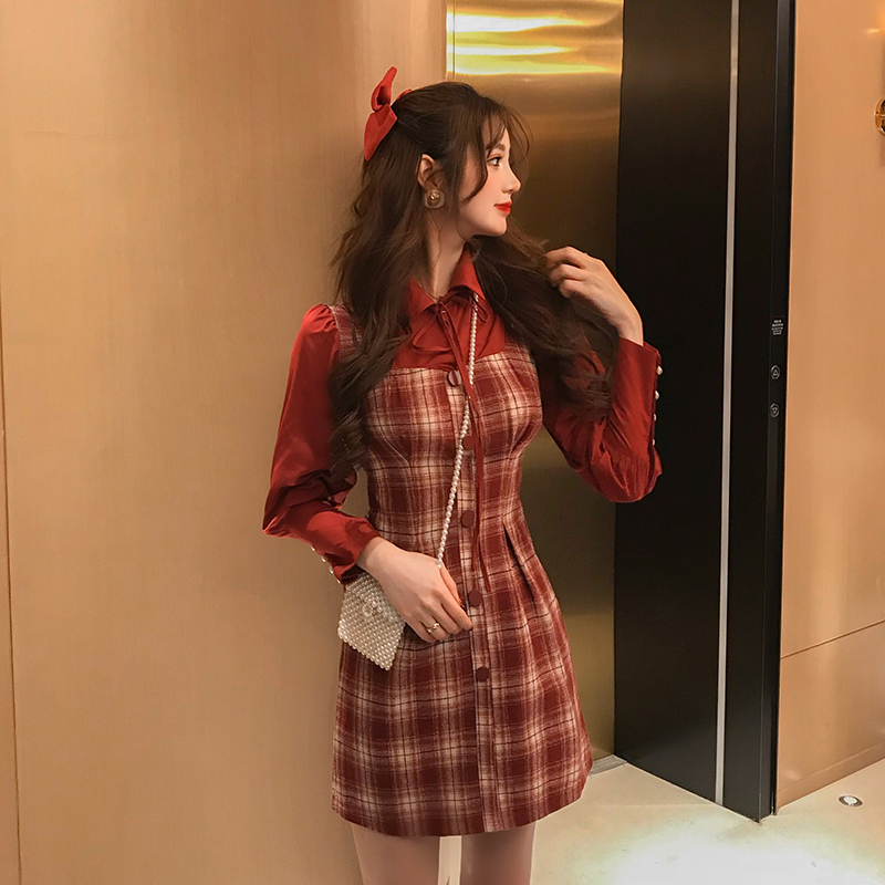 Real price! Elegant retro Christmas red plaid New Year's dress stitching fake two-piece waist dress