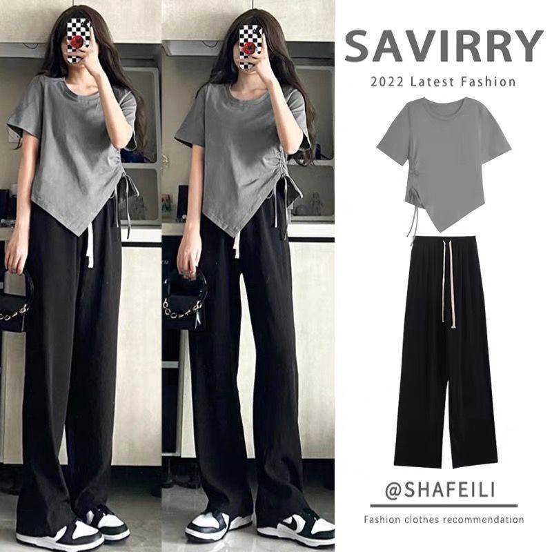 Single/suit summer new Korean version irregular drawstring short-sleeved top women + black wide-leg pants all-match two-piece set