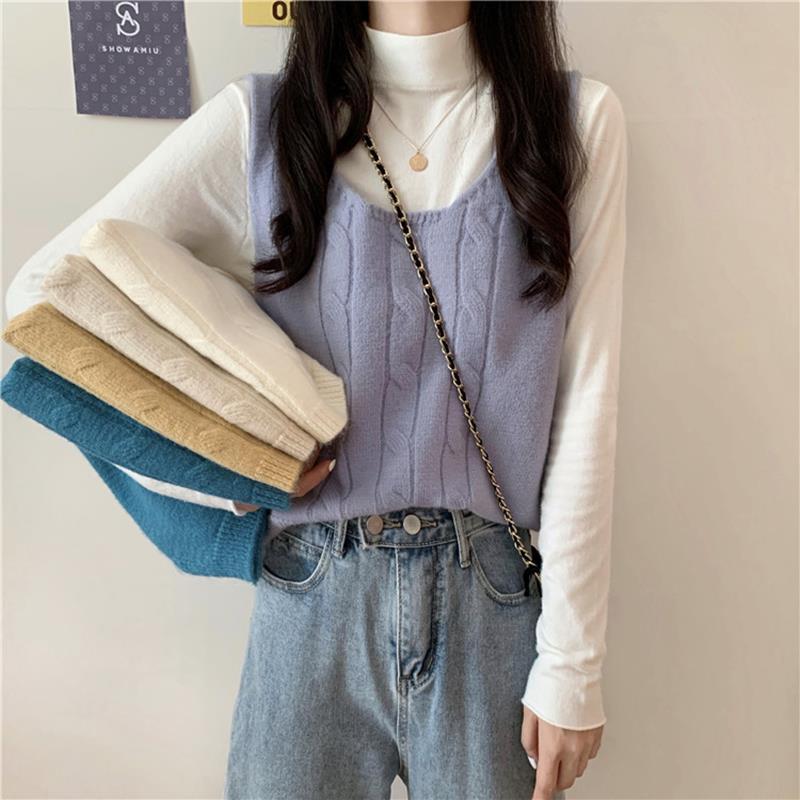 Autumn 2021 new college style lavender twist slim fit and thin outer wear sleeveless vest knitted top women's clothing