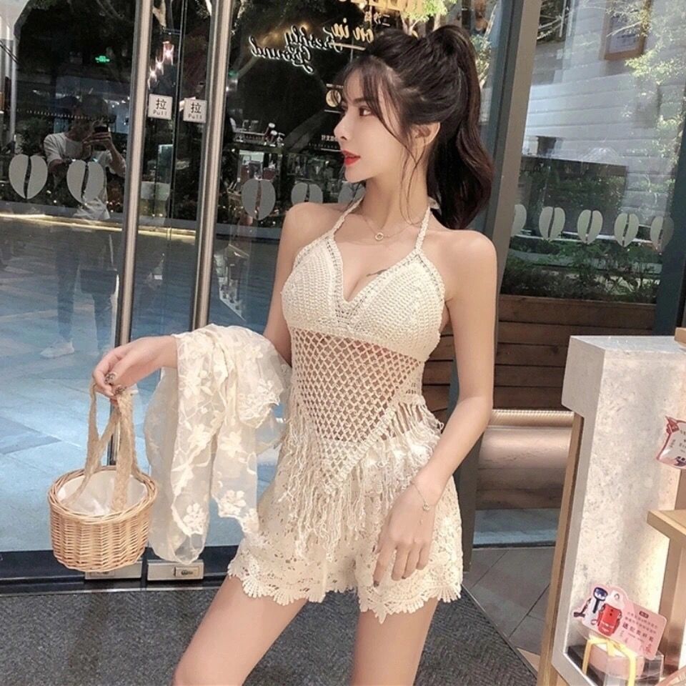 Three-piece hollow cardigan jacket + suspenders temperament hot spring swimsuit + shorts fairy fashion suit small chest and thin