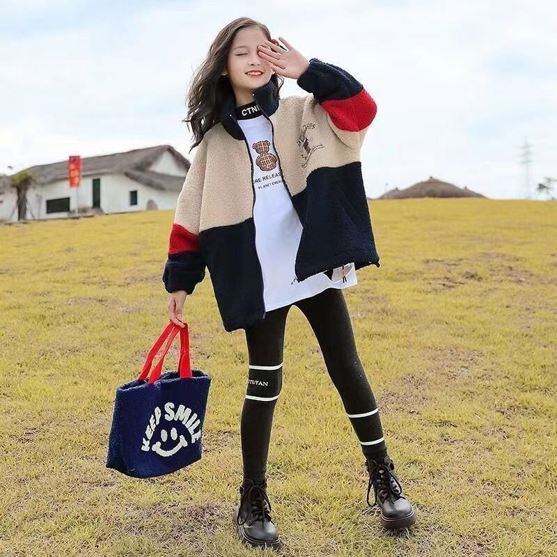 Girls' coat winter clothing 2022 new medium and large children's plus velvet thick lamb fleece sweater fashionable foreign style coat