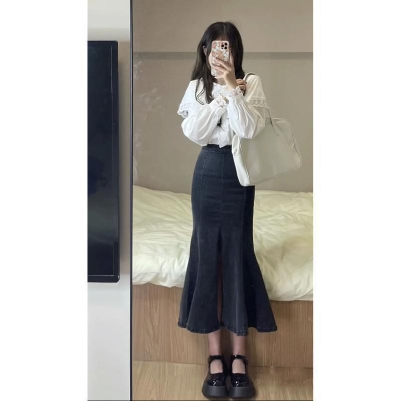 150 small fishtail skirt skirt new mid-length high waist thin slit a-line elastic bag hip denim skirt