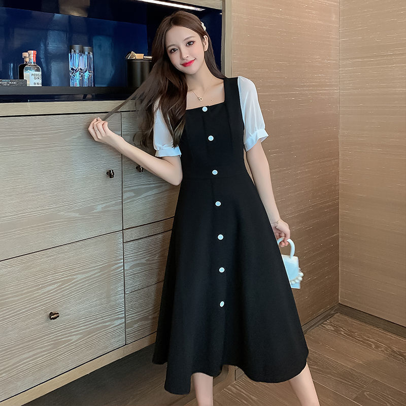 Large size women's fat MM French retro square-neck dress women's summer new slim and meat-covering single-breasted small black dress