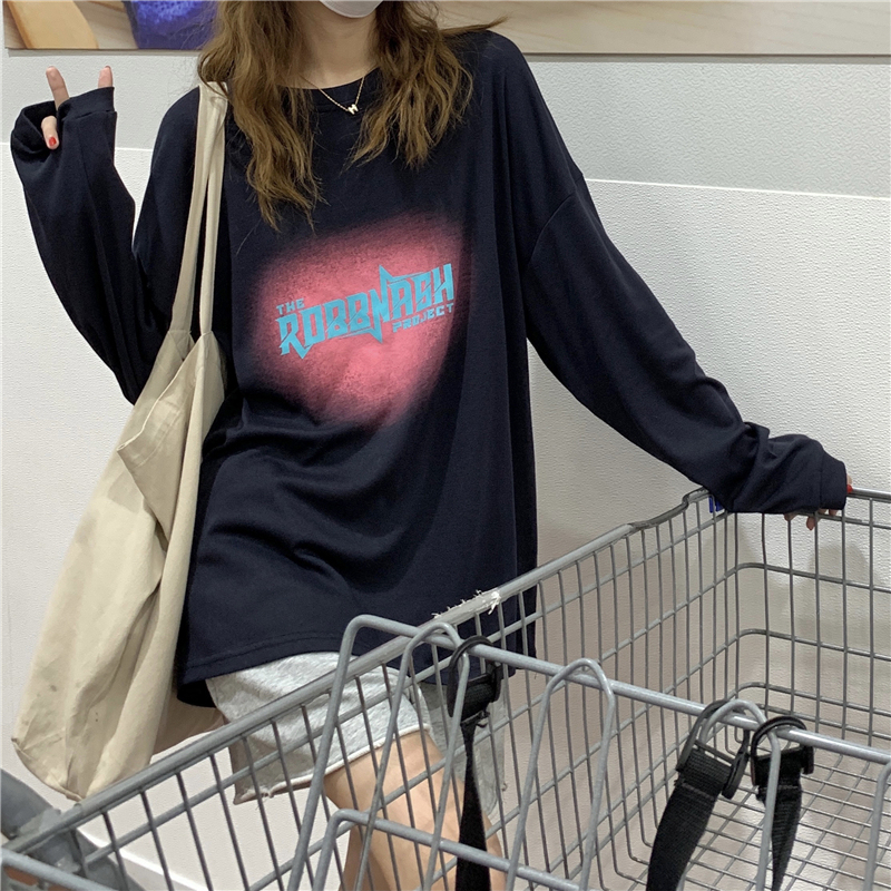 Real price Korean version of love printing long-sleeved T-shirt women's autumn loose round neck bottoming pullover top