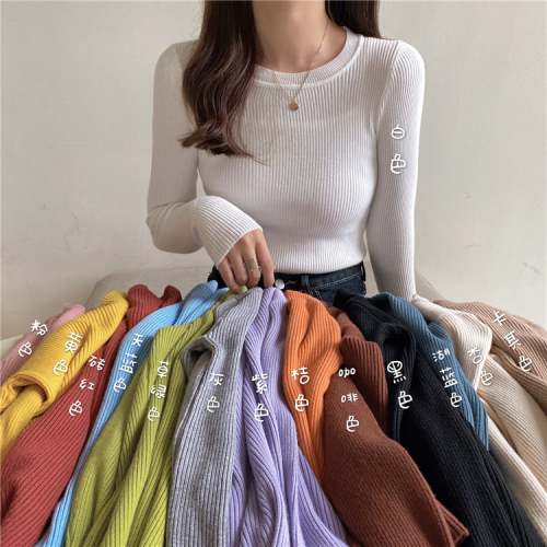 Real shot Autumn and winter new knitted all-match tops women's all-match round neck knitted long-sleeved base coat