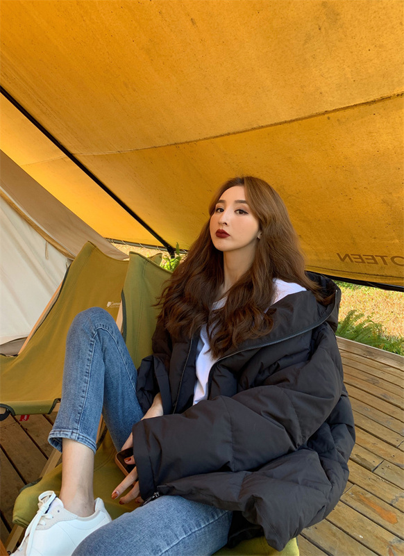 Real price loose solid color hooded cotton mid-length coat