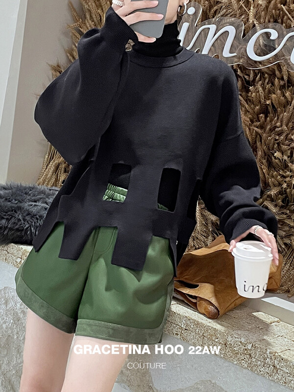 Original price 123.95! [GRACETINA HOO] lazy style short section hollow knitted sweater front and rear asymmetrical hollow silhouette Z961