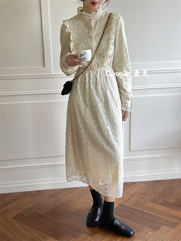 【C.VOGUE】French temperament plus velvet lace mid-length dress 3580# PCZ