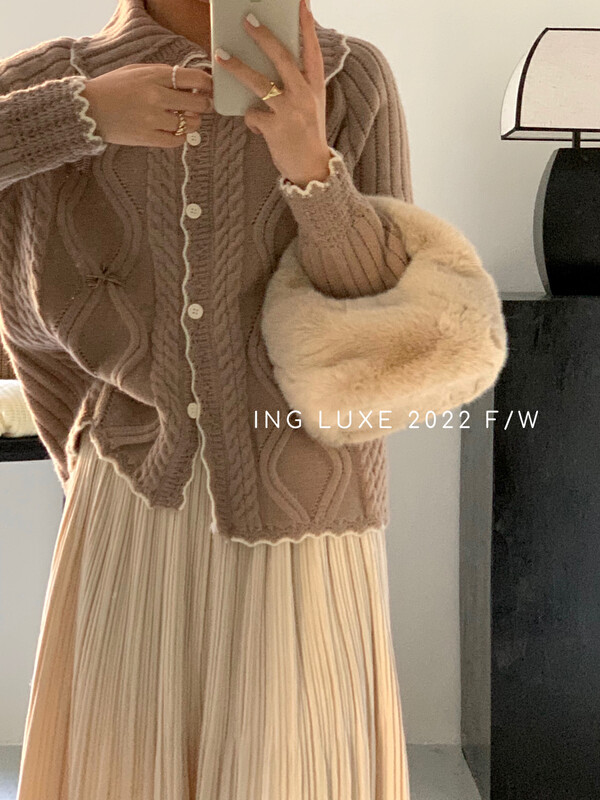 【ING】Korean three-dimensional bowknot small lapel sweet cardigan sweater w3957