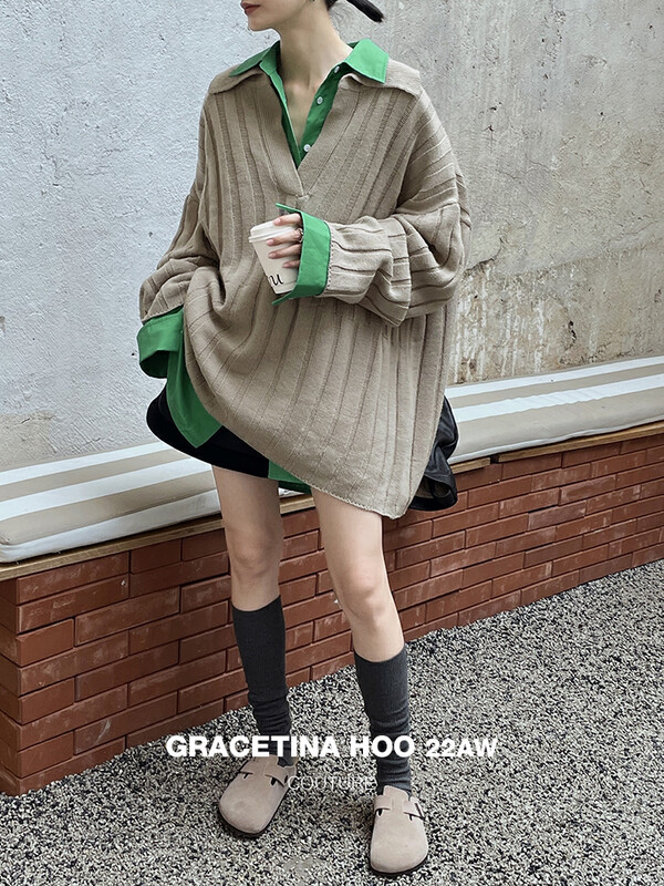 【GRACETINA HOO】Design pullover solid color knitted sweater lazy loose POLO collar Z963