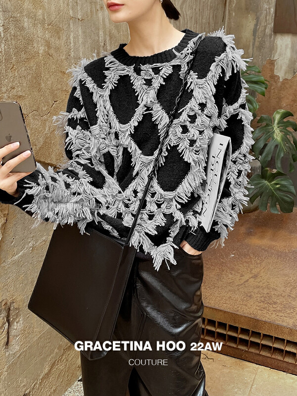 【GRACETINA HOO】Three-dimensional lozenge pattern lazy wind sweater Z953