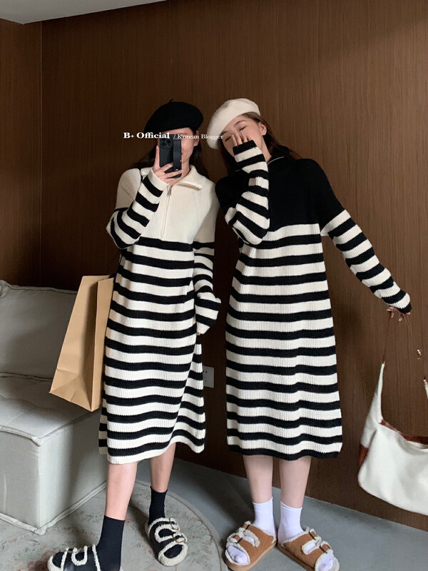 【B Plus】Korean style casual western style thin and thick striped zipper dress 22-8354-2