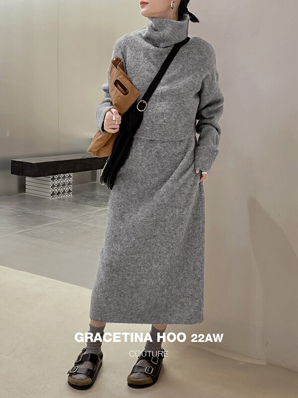 【GRACETINA HOO】Simple Turtleneck Pullover Sleeveless Inclusive Lazy Dress Set (10 Wool) Detachable Z982