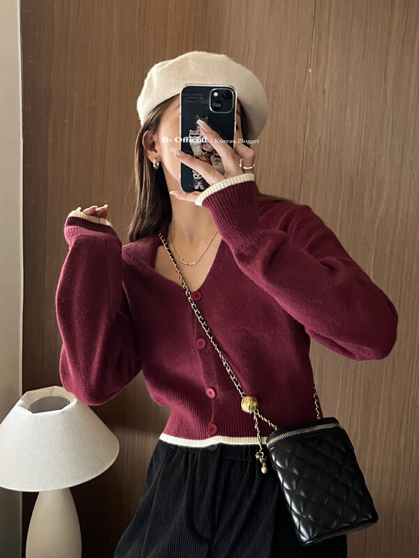 [B plus] Korean generation ins large lapel contrast color edge knitted cardigan 22-8308-2