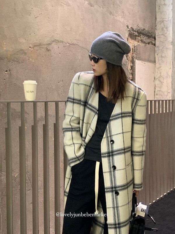 [DT CLASSIC] V-neck plaid long temperament wool coat (with belt) (60% wool) S5191# JHY