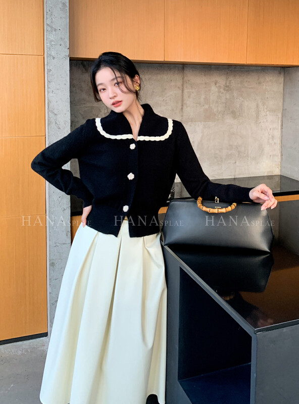 [HANNA Hanna] Temperament lace large lapel knit sweater gentle contrast color coat knitted cardigan H10676