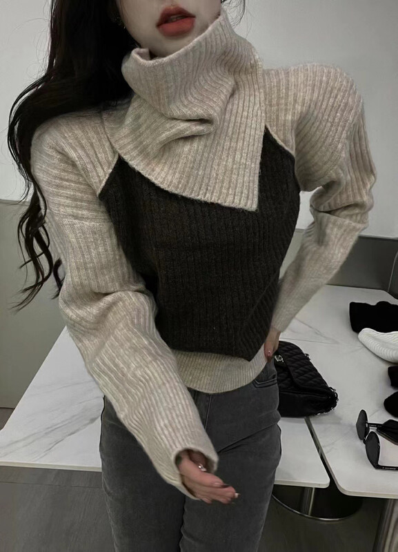 【MI NI】Short knitted sweater with color contrast stitching design (with scarf) 9582# PCZ