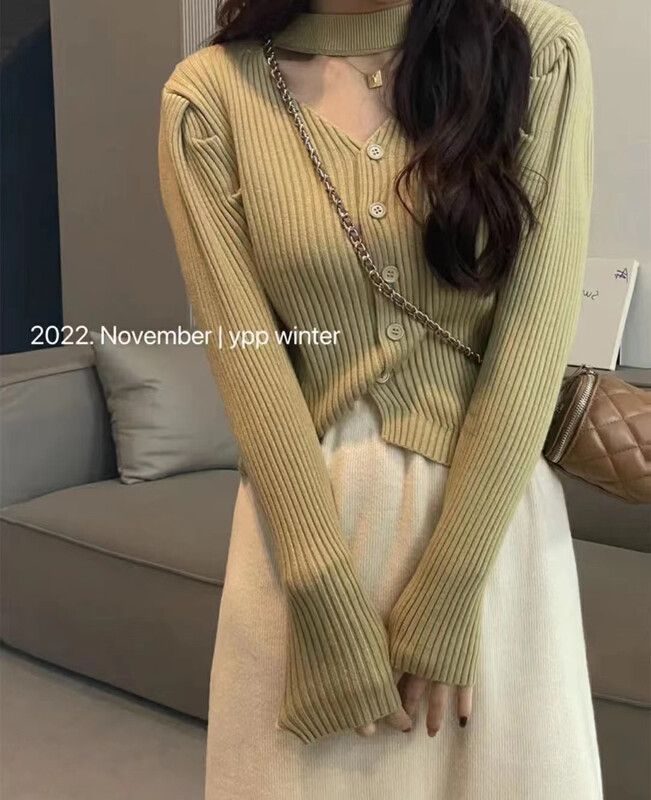 【Y.JIA】Halter Neck V-Neck Hollow Sweater 932
