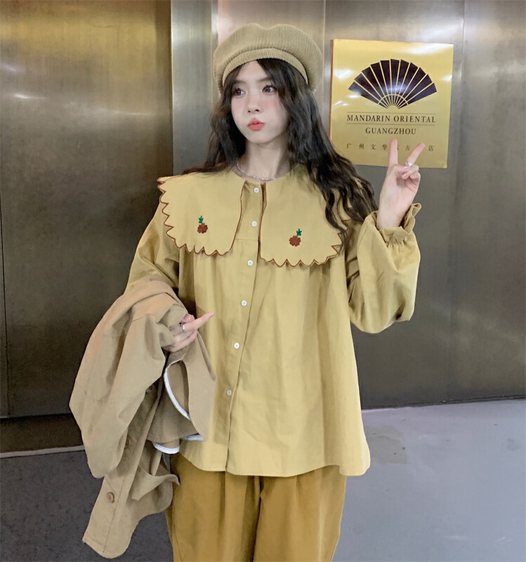 [Timely Rain] Korean style ins retro camellia girl design big reverse collar embroidered loose all-match shirt 40215# WPL