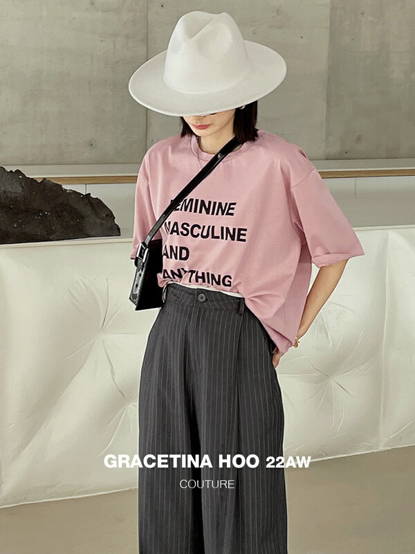 【GRACETINA HOO】Minimalist small flying sleeve letter printing all-match T-shirt short-sleeved T-shirt lazy loose shoulder sleeve T3178