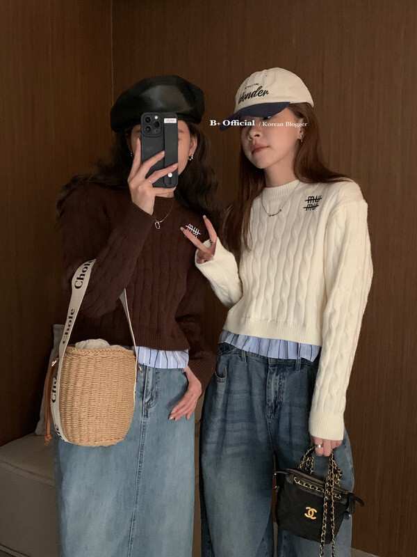 【B Plus】Korean casual embroidery stitching shirt fake two-piece sweater 22-8399-2