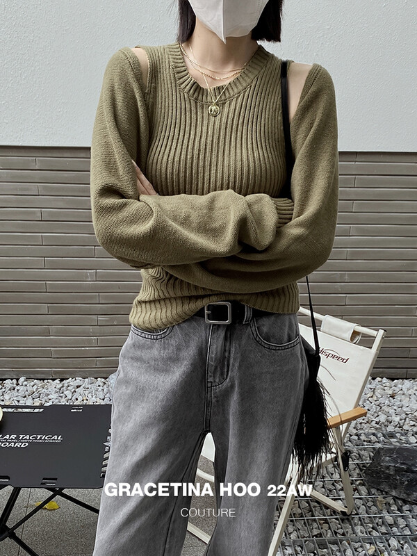 【GRACETINA HOO】Fake two-piece deconstructed vest cardigan sweater Z910-1