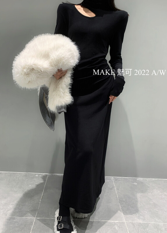 [MAKE Charm] Temperament feminine water drop shape hollow side pleated dress 801271# OZQ
