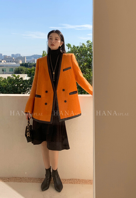 [HANNA Hanna] Temperament small fragrant wind jacket female PU leather splicing all-match woolen jacket woolen jacket H10701BD