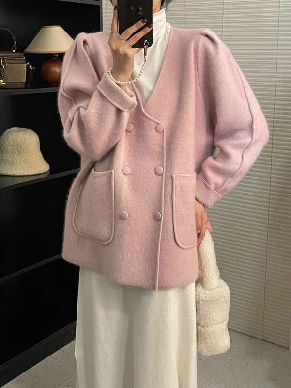【WANWAN】Lazy pocket double-breasted warm sweater 2750# HBX