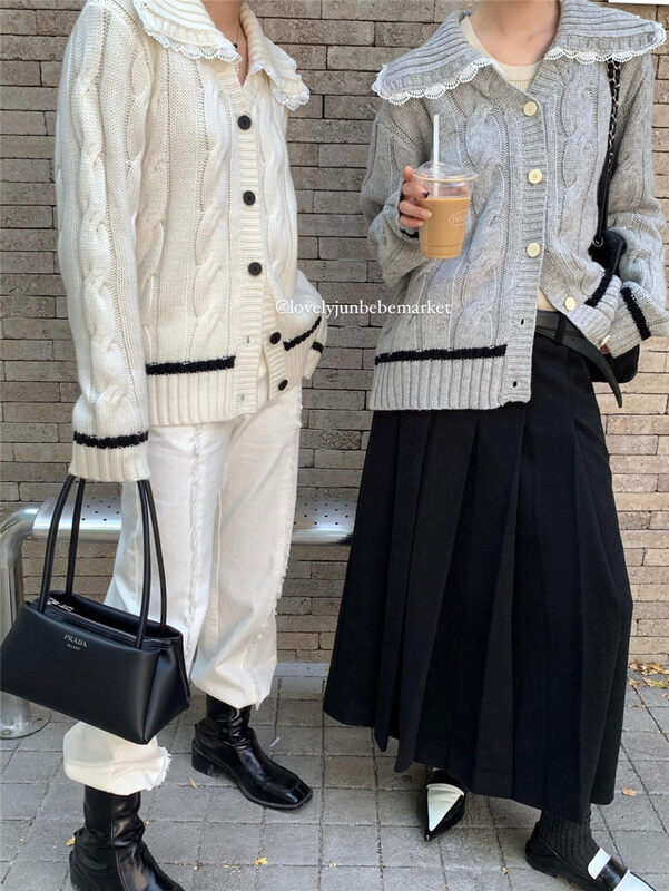 [DT CLASSIC] lapel lace all-match college knitted cardigan D5227# JHY