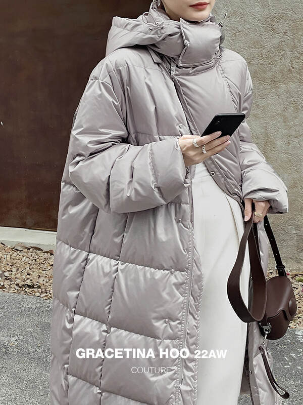 [GRACETINA HOO] All-round windproof tofu block quilted line wrapped straight tube slim and all-match long warm down jacket (90 white duck down) Y176# CQW
