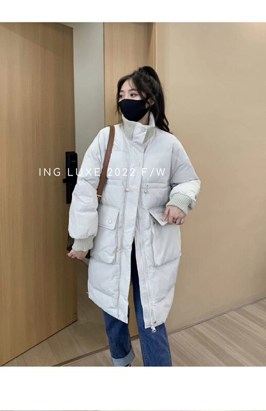 【ING】Korean style thickened loose mid-length pocket down jacket (including 90 white duck down) ING-8393