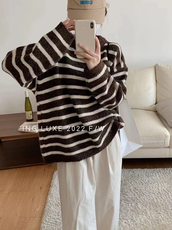 【ING】Korean style round neck striped pullover soft waxy warm sweater w3951# FHX