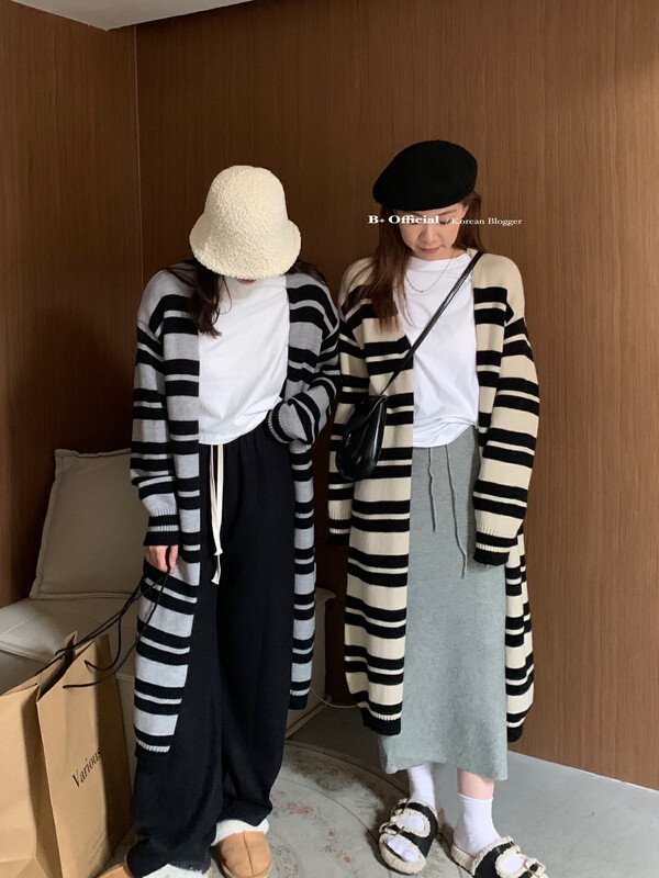 [B plus] Korean casual lazy striped thick sweater cardigan knitted cardigan 22-8458-2