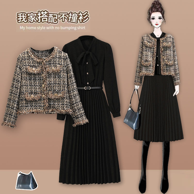 Plus-size women's autumn and winter suit women's 2022 new foreign style small fragrant wind jacket slimming all-match dress two-piece set