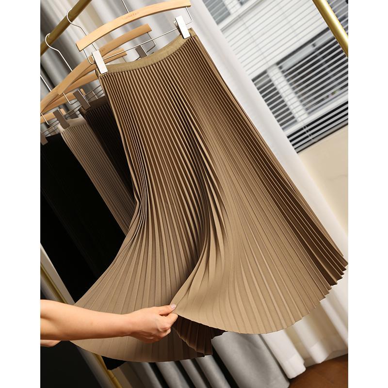 High-quality a-line pleated skirt covering the hips with a heavy twill autumn and winter rhythmic high-waisted pleated mid-length skirt