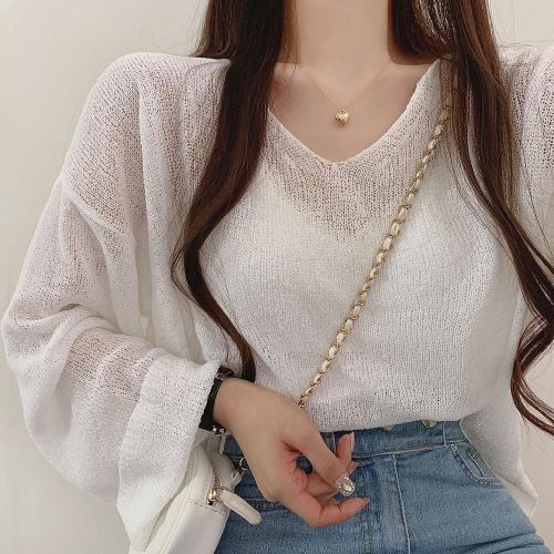 Knitted air-conditioned shirt loose large size women's thin section sun protection clothing design sense ins open back tie long sleeve double v-neck top