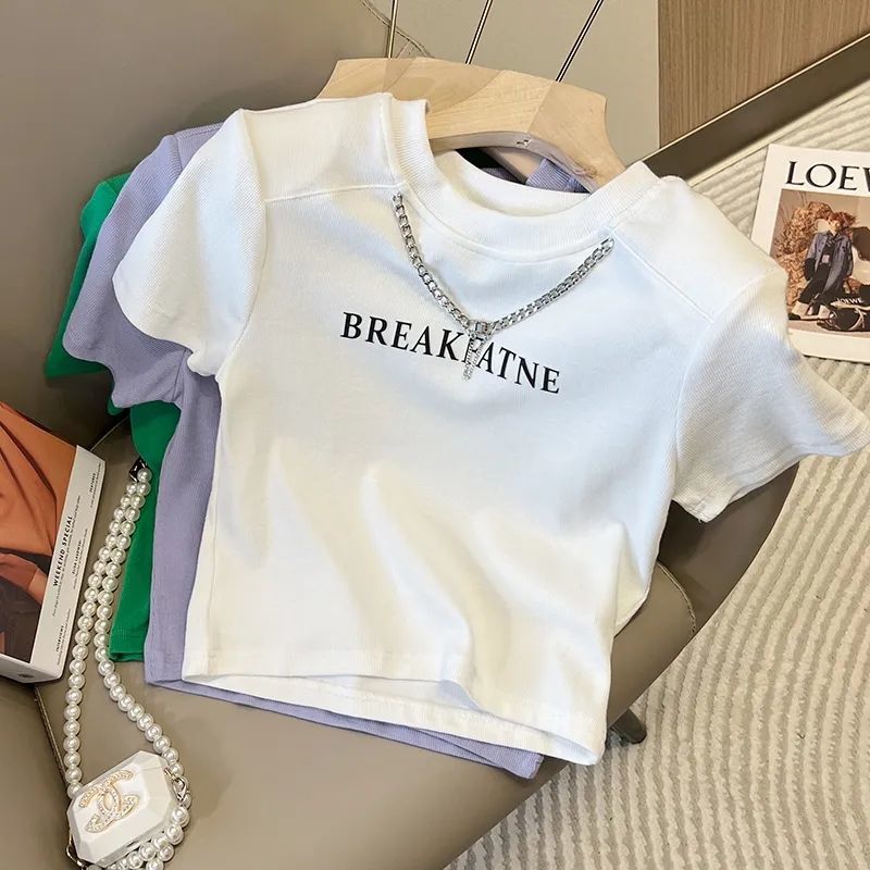 European goods with chain letters short-sleeved t-shirt female students summer new design sense niche short all-match top tide