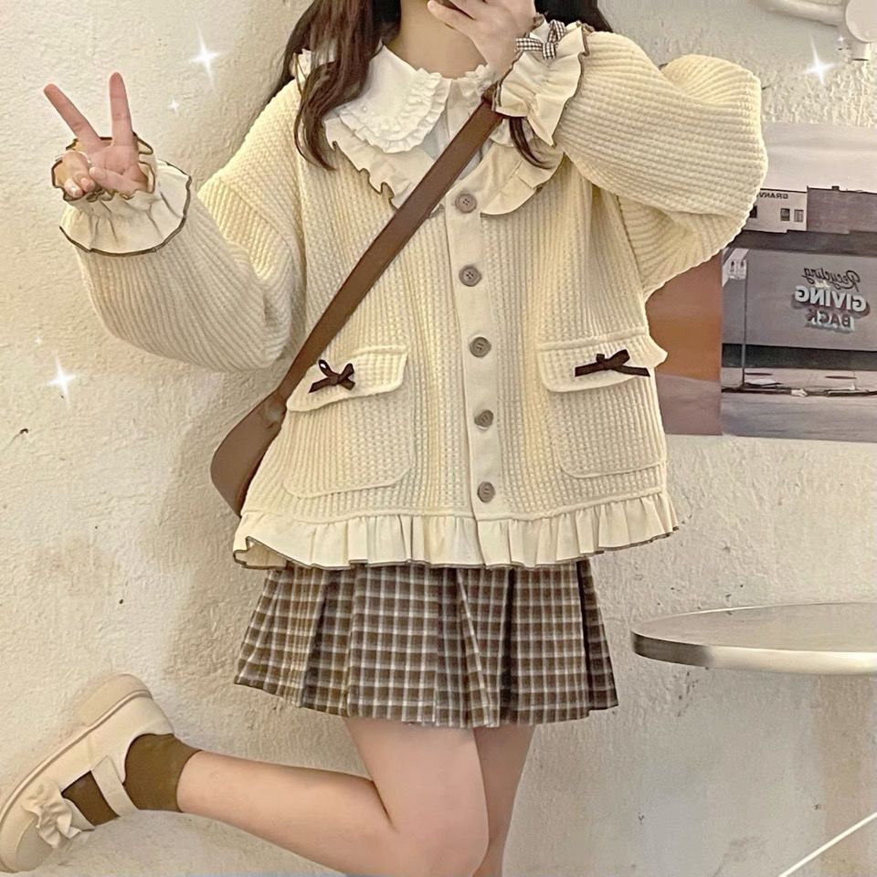 Autumn and winter plus velvet Japanese soft girl small jacket female student doll collar shirt pleated skirt three-piece suit